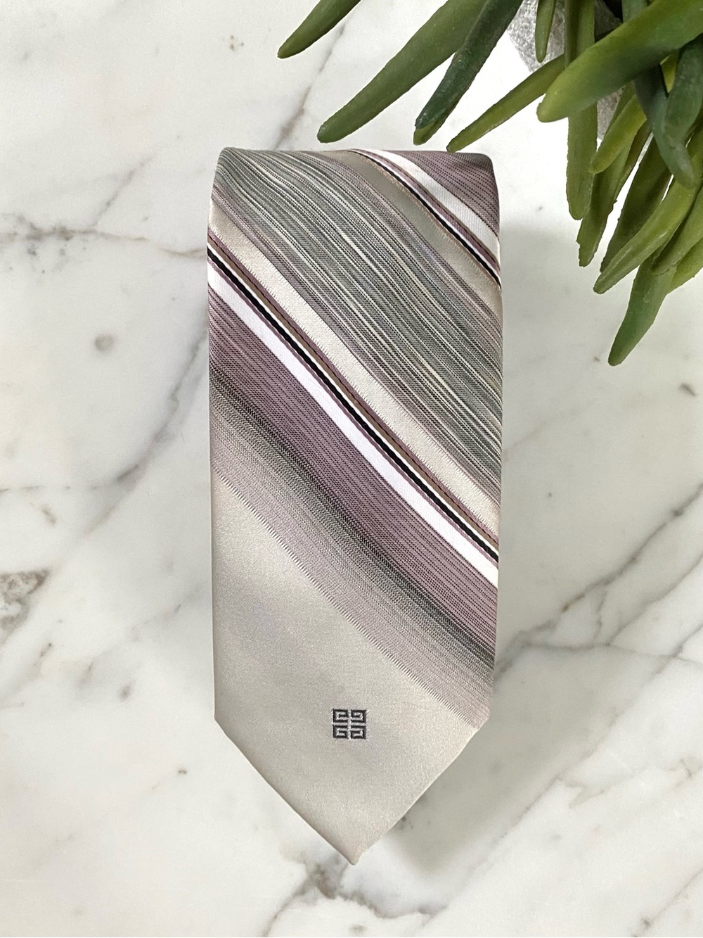 GIVENCHY - Vintage Men's Silk Stripe Tie in Silver & Mauve